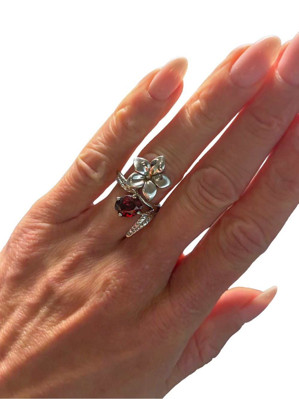 .925 Silver  Floral Ring with Red Ruby Gemstone